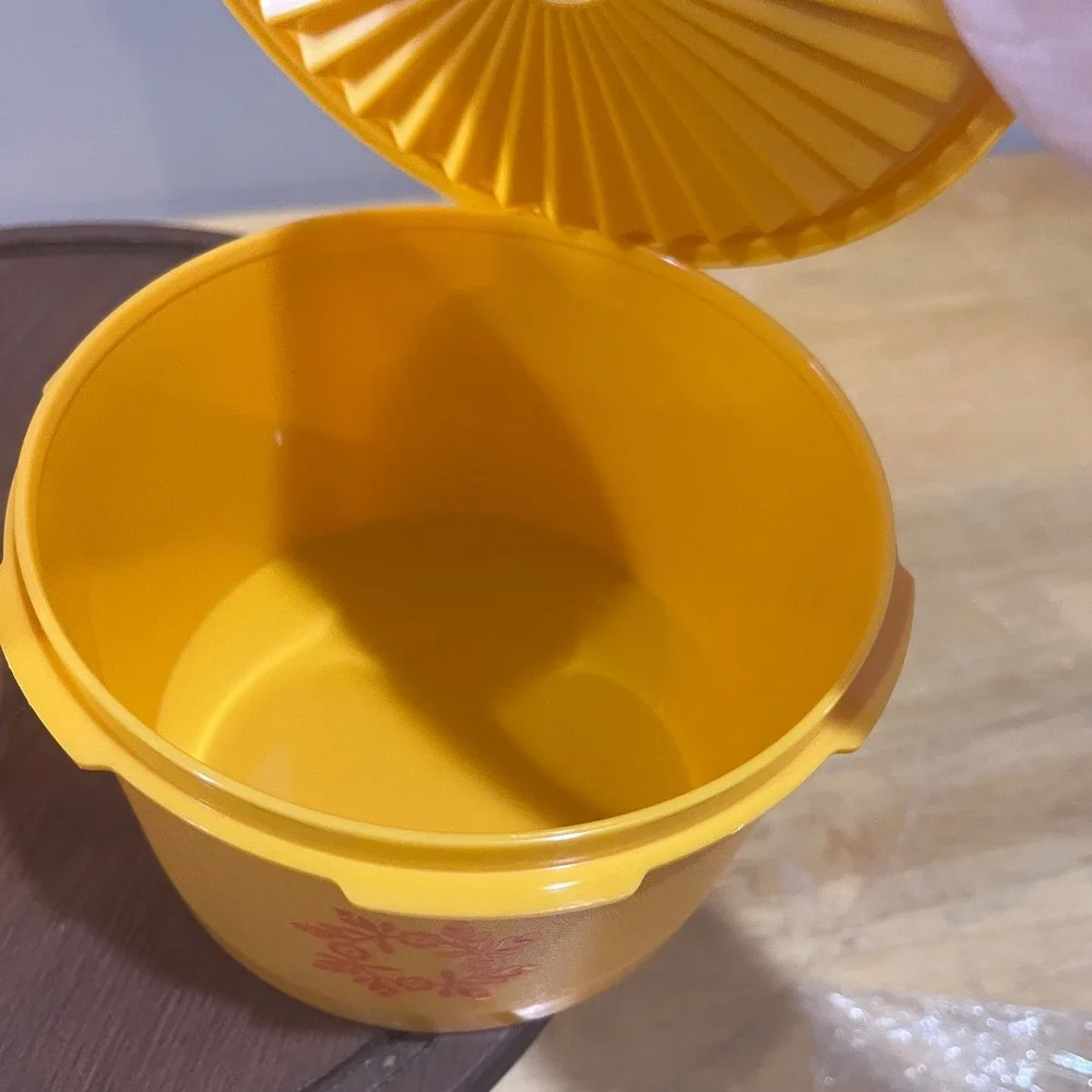 Vtg 70s Tupperware Servalier Canister Set Yellow Orange Floral Retro MCM 2pc